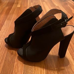 Black leather peep toe high heels